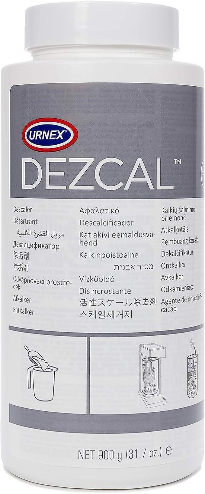 Urnex Dezcal Coffee and Espresso Machine Descaler Activated Scale Remover, 900g Bottle