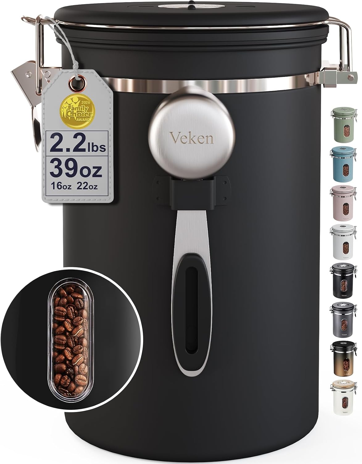 Veken Coffee Canister with Window, 39OZ Airtight Stainless Steel Jar