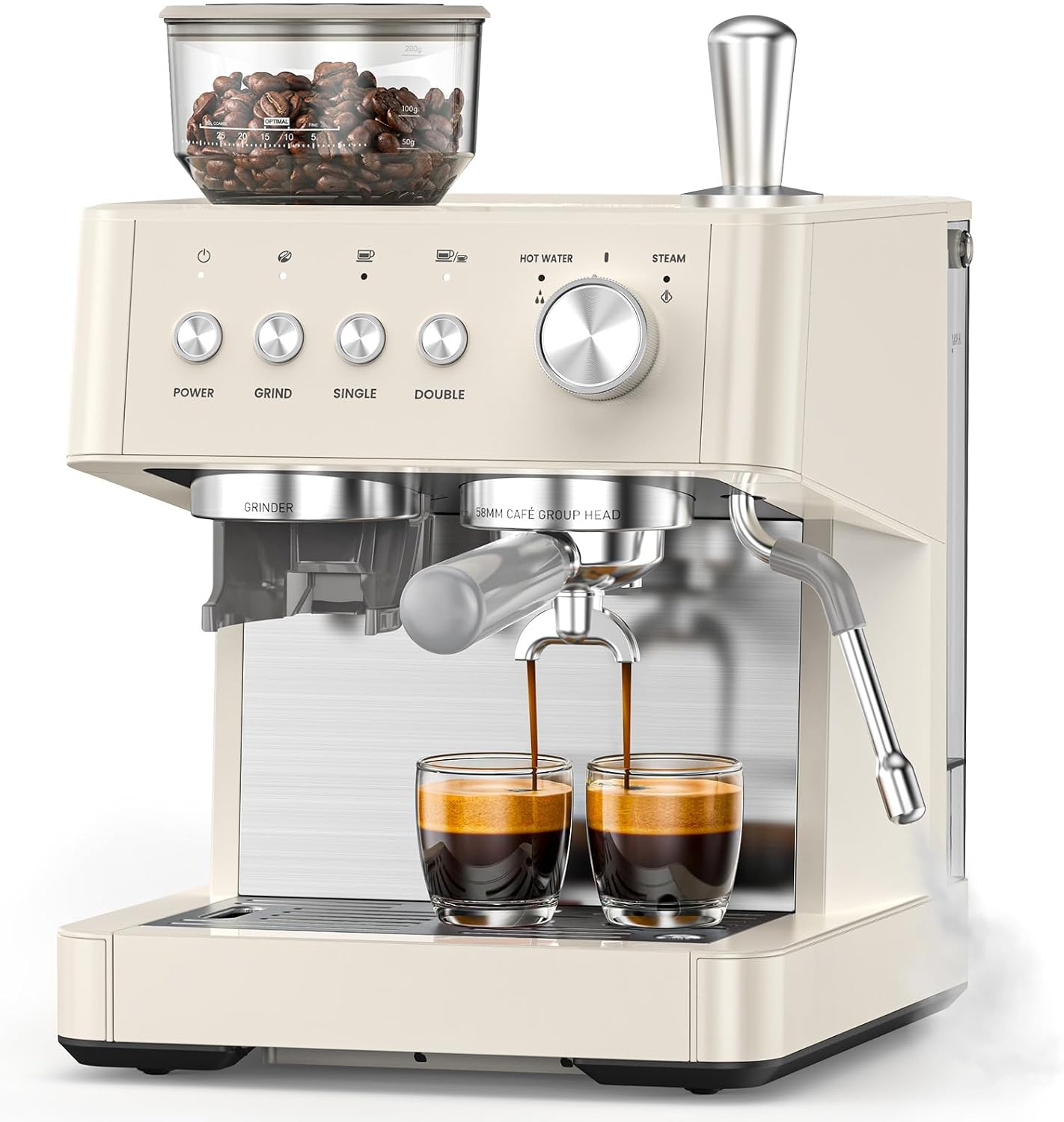(2026 Upgrade) 15 Bar Espresso Machine with Built-in Anti-Clog Coffee Grinder, Expresso Coffee Machines with Milk Steam Wand/Frother/Tamping Tools,Espresso Maker with Grinder for Lattes-Almond